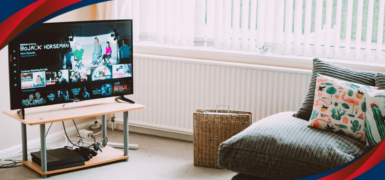 A smart TV facing a couch